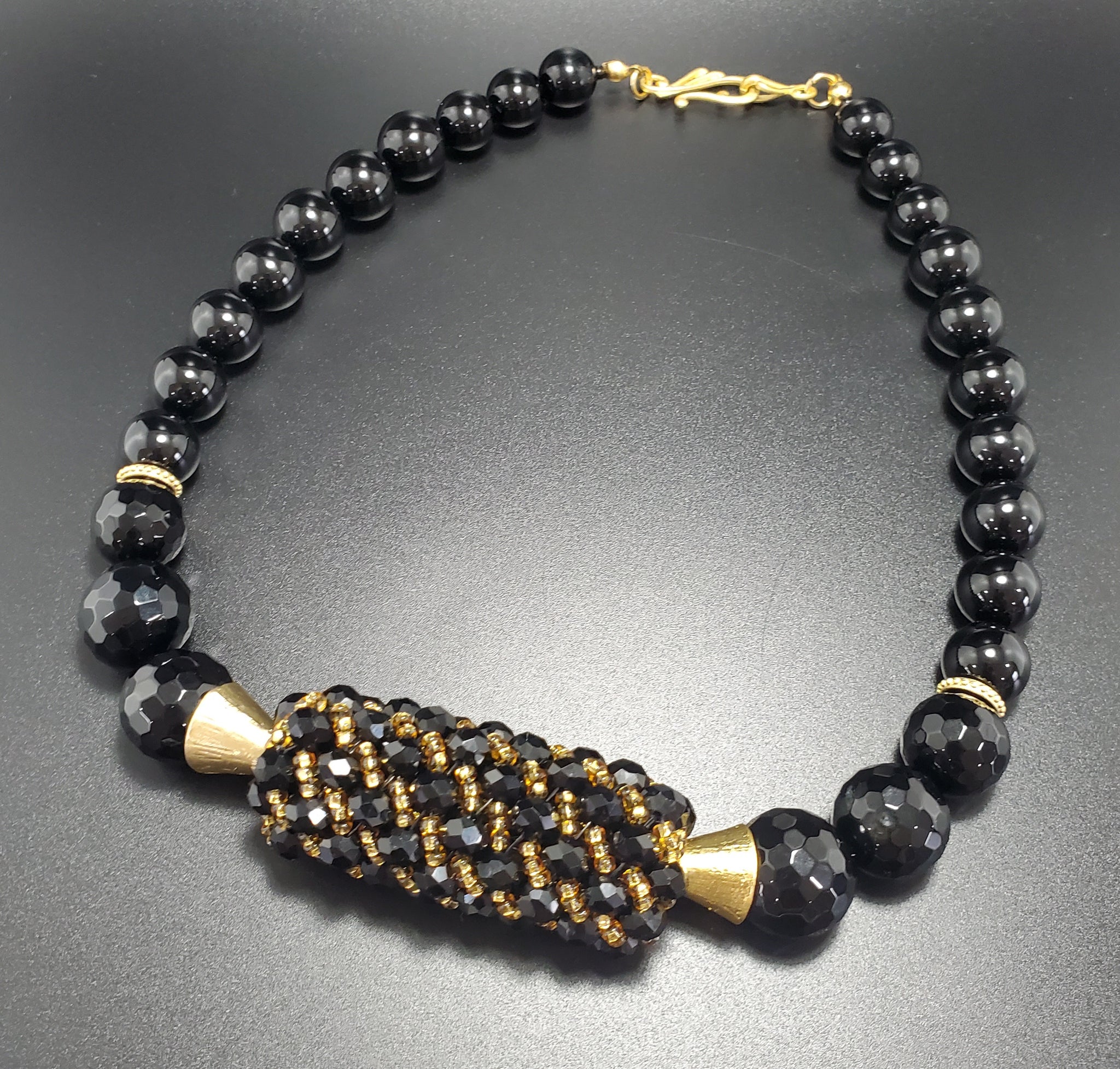 Black Onyx Beads, Faceted Glass Beads, 22K Gold Plated Brass, Topaz Czech Seed Beads, Woven Bar Necklace