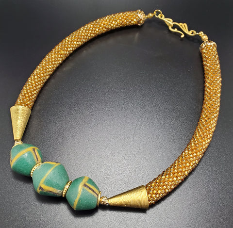 Green Krobo Beads, Gold Topaz Czech Seed Beads and 22K Gold Plated Brass, Beaded Crochet Necklace