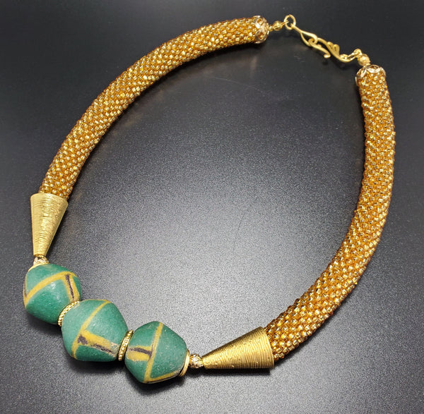 Green Krobo Beads, Gold Topaz Czech Seed Beads and 22K Gold Plated Brass, Beaded Crochet Necklace