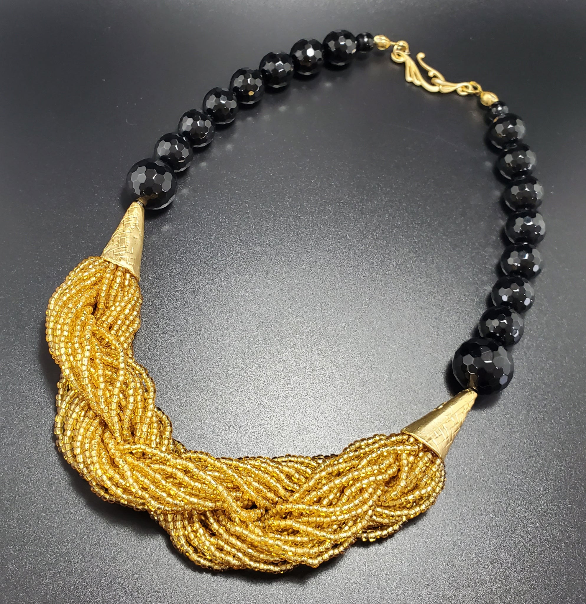 Black Onyx Beads, Gold Venetian Seed Beads, 22K Gold Plated Brass and Brass, Twisted Strand Necklace