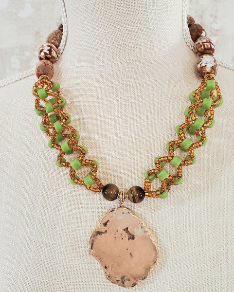 Gold Plated Druzy, Green Krobo Beads, Gold Seed Beads, Tiger Eye, Fire Agate, Brass, Woven Necklace