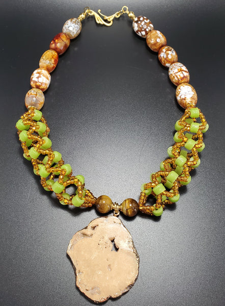 Gold Plated Druzy, Green Krobo Beads, Gold Seed Beads, Tiger Eye, Fire Agate, Brass, Woven Necklace
