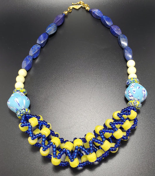 Blue/White Multi, Yellow Krobo Beads, Czech Seed, Blue Lapis, Quartzite, Brass, Woven Necklace