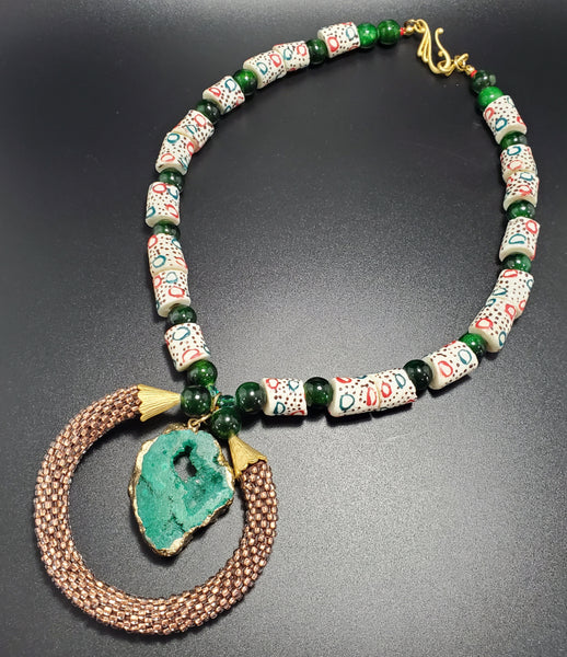 Gold Plt Green Druzy, Grn/Red/Wht Krobo Beads, Quartzite, Czech Seed, Crochet Pendant Necklace