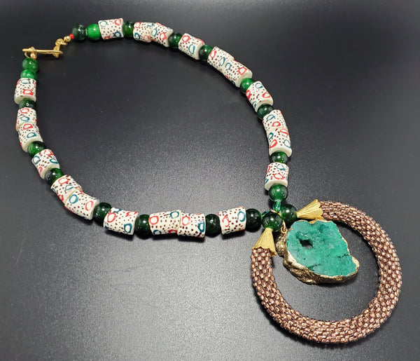 Gold Plt Green Druzy, Grn/Red/Wht Krobo Beads, Quartzite, Czech Seed, Crochet Pendant Necklace