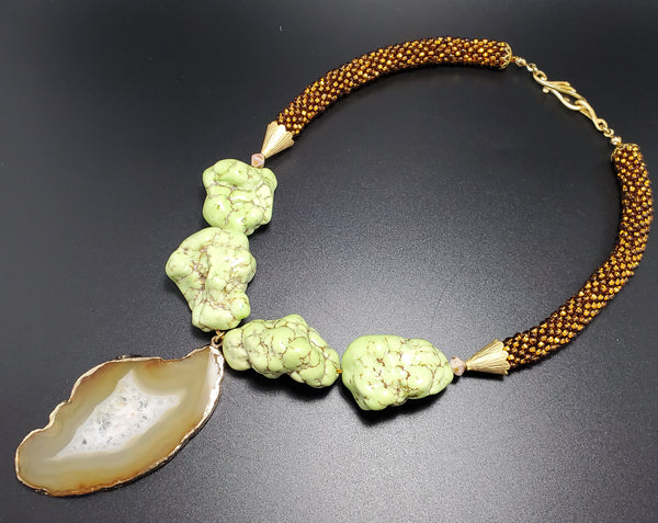 Gold Pltd Beige Agate Slice, Magnesite, Czech Seed, Czech Beads, Brass, Beaded Crochet Necklace