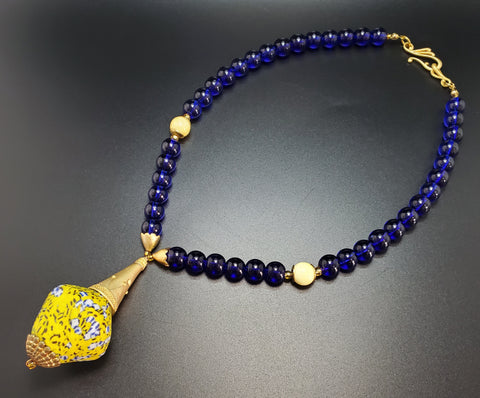 Blue, Yellow, Black Multi Krobo Bead, Quartzite Beads, Glass Beads, 22K Gold Plated Brass, Brass Necklace