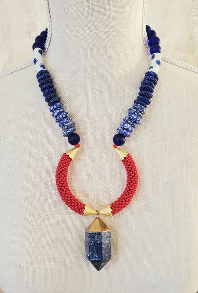 Blue/White, Blue Krobo Beads, Czech Seed Beads, Blue Lapis, Brass, Beaded Crochet Pendant Necklace