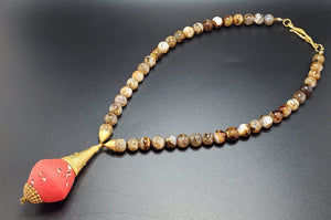 Red/Brown Mult Krobo Beads, Brown Fire Agate Amber Beads, Brass, 22K Gold Plated Brass Necklace