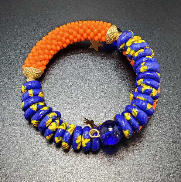 Blue/Yell Multi Krobo Beads, Orange Czech Seed Beads, Blue Czech Glass, Brass, Beaded Crochet Bangle