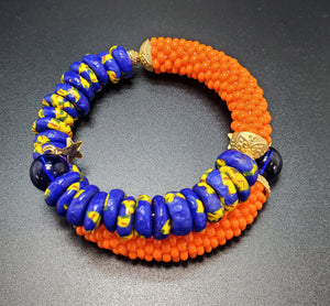 Blue/Yell Multi Krobo Beads, Orange Czech Seed Beads, Blue Czech Glass, Brass, Beaded Crochet Bangle