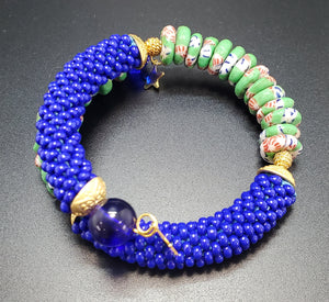 Green Multi Krobo Beads, Czech Seed Beads, Czech Glass Beads and Brass, Beaded Crochet Bangle