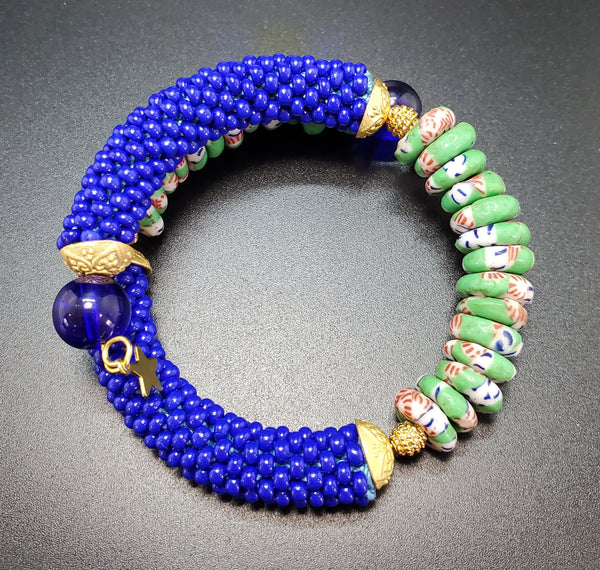 Green Multi Krobo Beads, Czech Seed Beads, Czech Glass Beads and Brass, Beaded Crochet Bangle