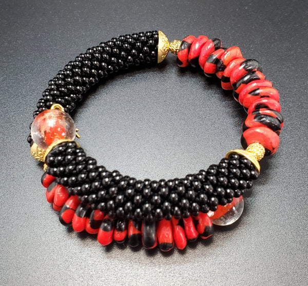 Black/Red Krobo Beads, Black Czech Seed Beads, Red Lampwork, Brass, Beaded Crochet Bangle