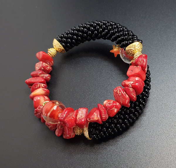 Red Coral Beads, Black Czech Seed Beads, Red Lampwork, Brass, Beaded Crochet Bangle