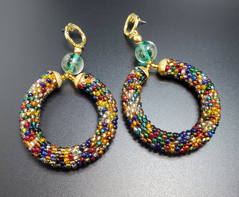 Green Lampwork Beads, Multi Czech Seed Beads, Brass, Beaded Crochet Earrings