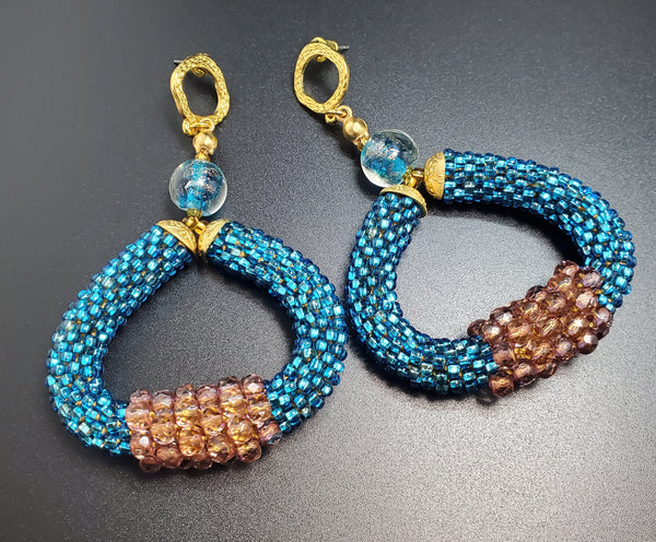 Aqua Lampwork Beads, Aqua Czech Seed Beads, Light Amethyst Czech Beads, Brass, Beaded Crochet Earrings