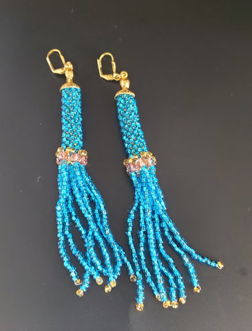 Aqua Czech Seed Beads, Light Amethyst Czech Beads, Brass, Beaded Crochet Earrings