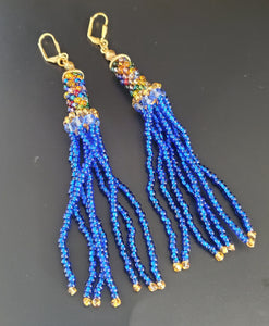 Multi Czech Seed Beads, Blue Czech Beads, Brass, Beaded Crochet Earrings