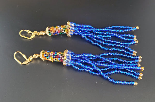 Multi Czech Seed Beads, Blue Czech Beads, Brass, Beaded Crochet Earrings