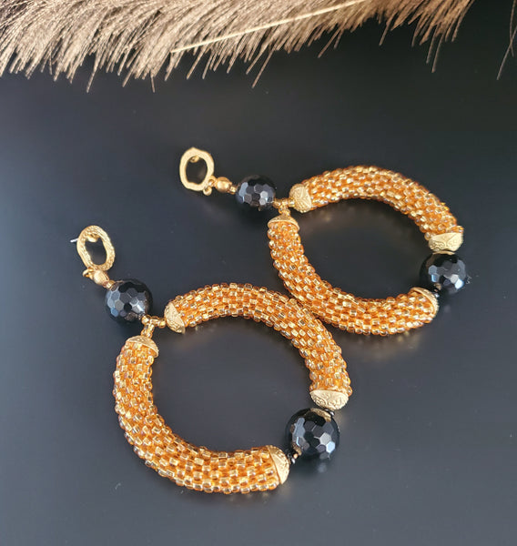 Black Onyx Beads, Gold Czech Seed Beads, Brass, Beaded Crochet Earrings