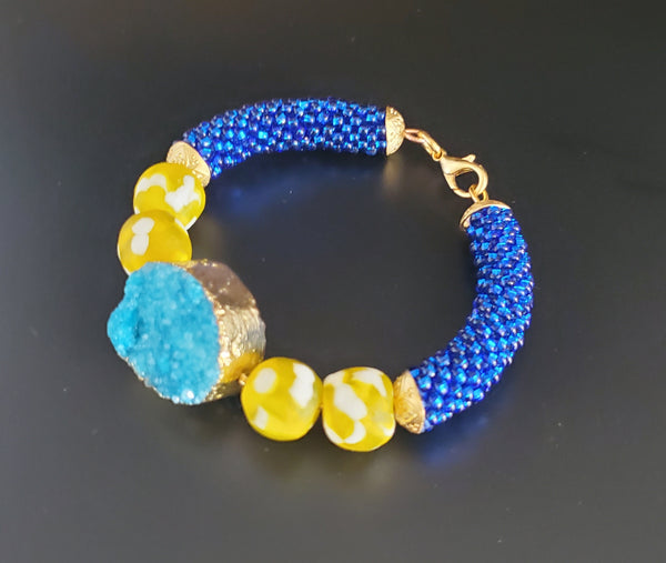 Yellow/White Krobo Beads, Gold Plated Blue Druzy Agate, Czech Seed Beads, Brass, Crochet Bangle