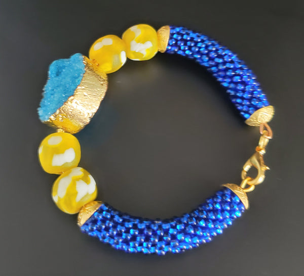 Yellow/White Krobo Beads, Gold Plated Blue Druzy Agate, Czech Seed Beads, Brass, Crochet Bangle