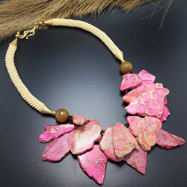 Pink/Brown Jasper Beads, Agate Beads, Czech Seed Beads, Brass, Beaded Crochet Necklace