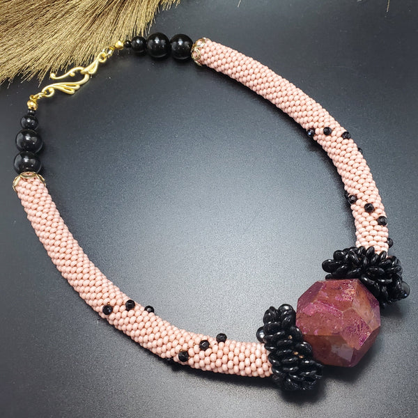 Dusty Rose Agate Beaded Crochet Necklace
