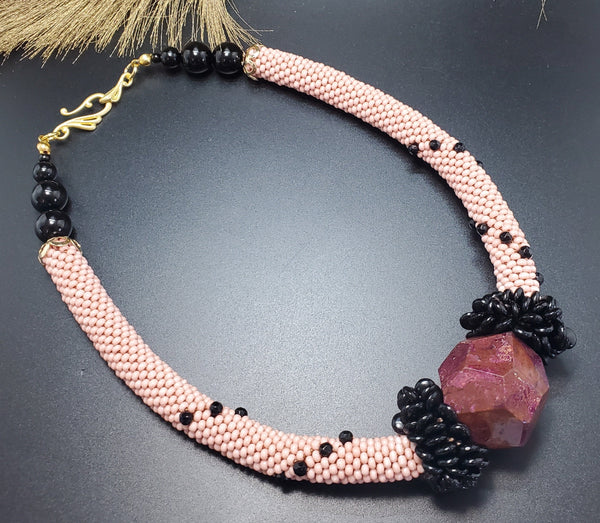 Dusty Rose Agate Beaded Crochet Necklace