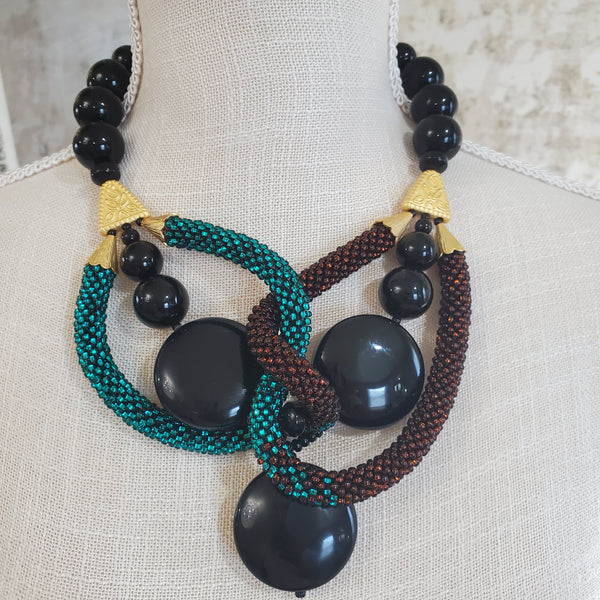 Emerald Chocolate Interlock Beaded Crochet Necklace