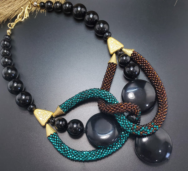 Emerald Chocolate Interlock Beaded Crochet Necklace