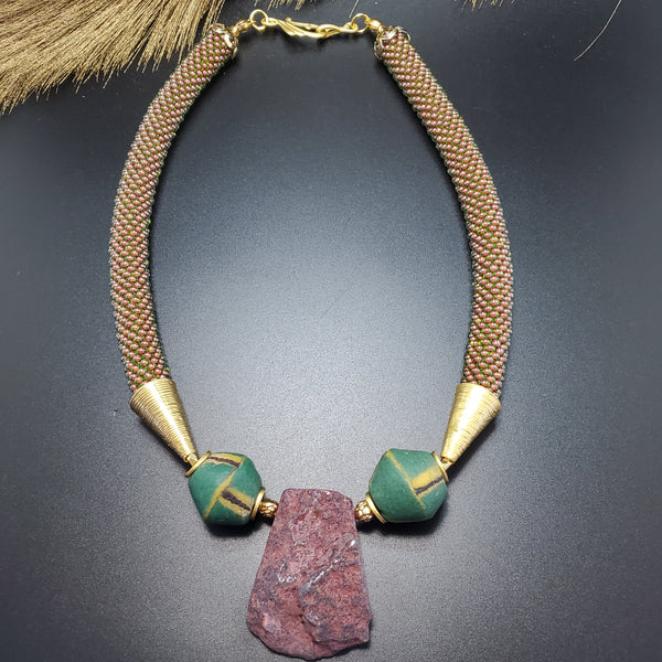 Peridot Agate Beaded Crochet Necklace