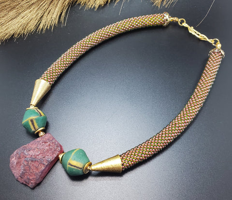 Peridot Agate Beaded Crochet Necklace