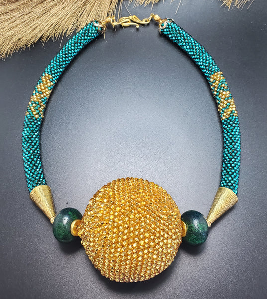 Emerald Gold Gala Ball Beaded Crochet Necklace