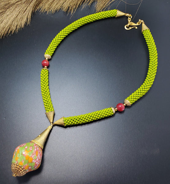 Olive Raspberry Multi Flacon Beaded Crochet Necklace