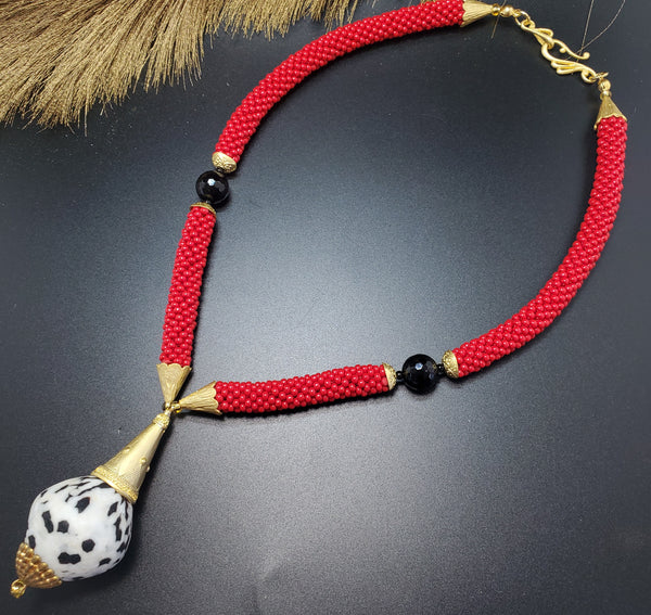 Red Black/White Flacon Beaded Crochet Necklace