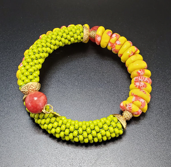 Yellow/Pink Multi Krobo Beads, Olive Czech Seed Beads, Quartzite stone Beads, Brass Beaded Crochet Bangle