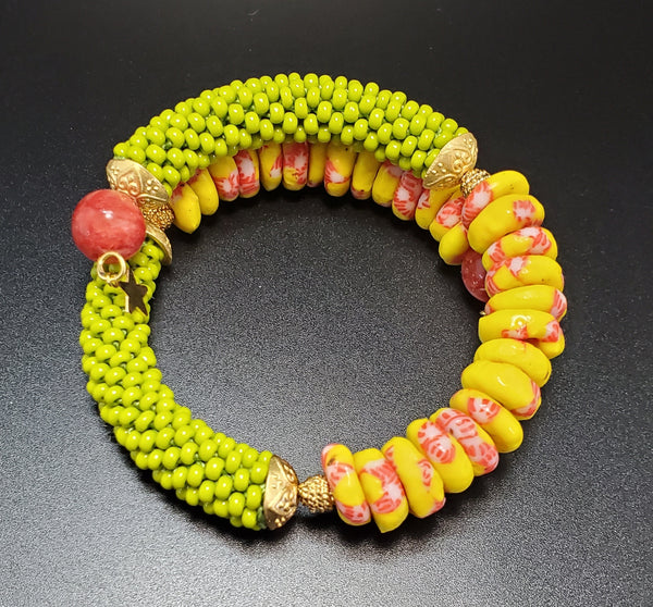 Yellow/Pink Multi Krobo Beads, Olive Czech Seed Beads, Quartzite stone Beads, Brass Beaded Crochet Bangle