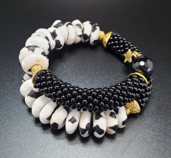 Black/White Krobo Beads, Black Czech Seed Beads, Black Onyx Beads, Brass, Beaded Crochet Bangle