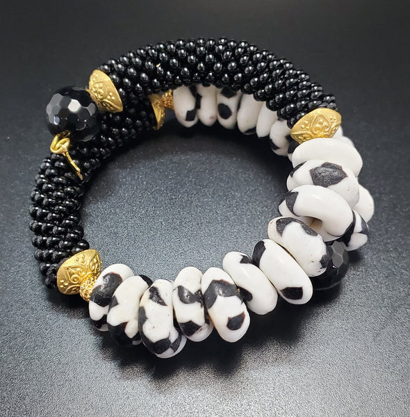 Black/White Krobo Beads, Black Czech Seed Beads, Black Onyx Beads, Brass, Beaded Crochet Bangle