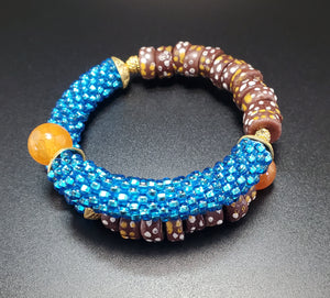 Brown Multi Krobo Beads,  Aquah Czech Seed Beads, Carnelian Beads, Brass Beaded Crochet Bangle