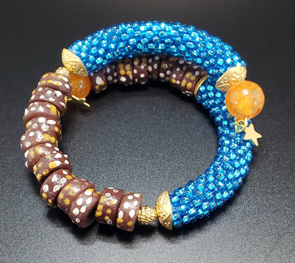 Brown Multi Krobo Beads,  Aquah Czech Seed Beads, Carnelian Beads, Brass Beaded Crochet Bangle