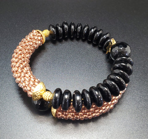 Black Disc Beads, Coffee Czech Seed Beads, Black Onyx Beads and Brass, Beaded Crochet Bangle