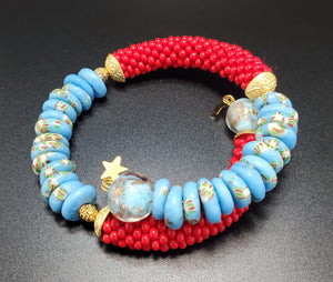 Blue Multi Krobo Beads, Red Czech Seed Beads, Lampwork Beads, Brass Beaded Crochet Bangle