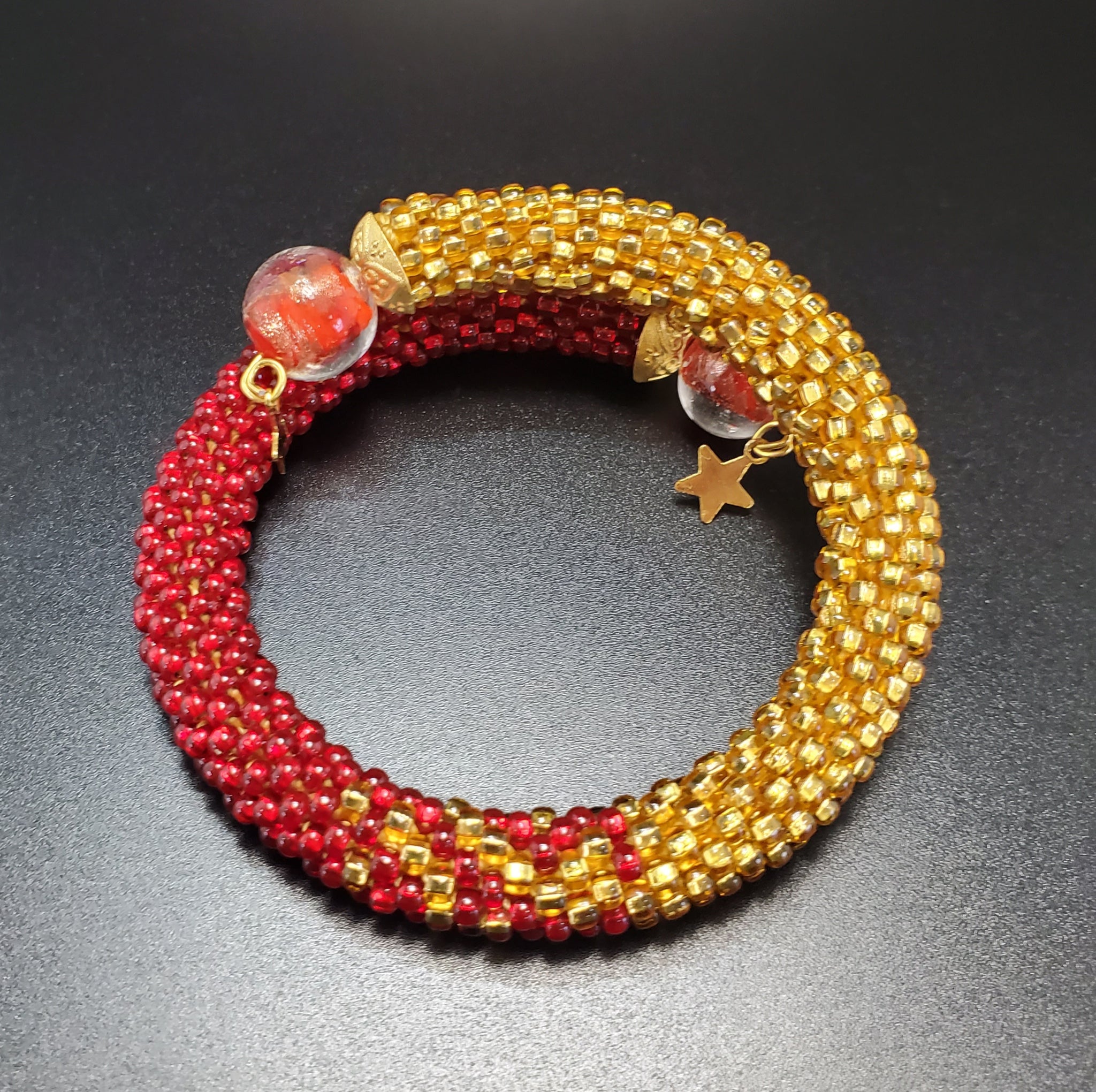 Red Lampwork Beads, Red, Gold Czech Seed Beads, Brass, Beaded Crochet Bangle