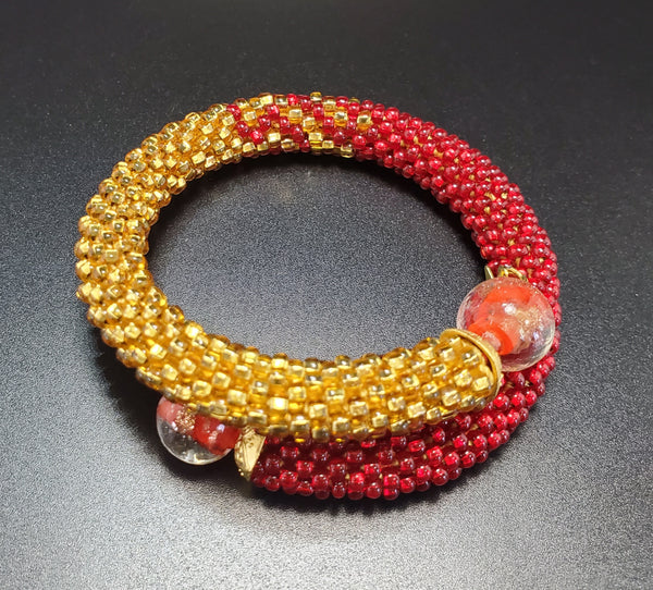 Red Lampwork Beads, Red, Gold Czech Seed Beads, Brass, Beaded Crochet Bangle