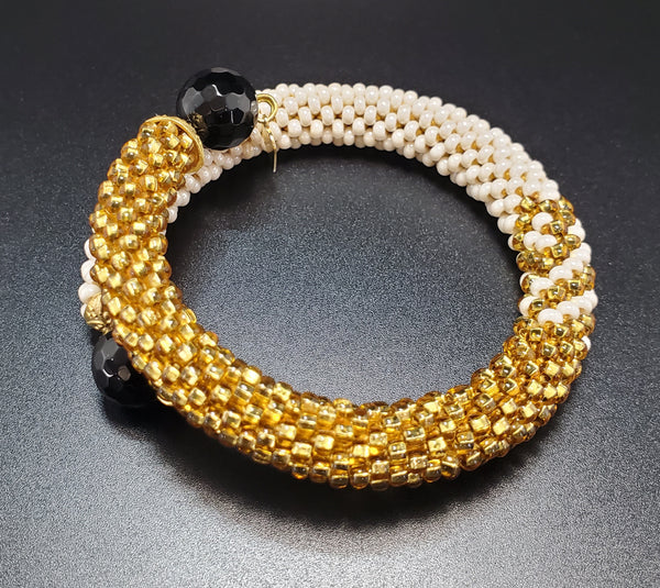 Black Onyx Beads, Cream Czech Seed Beads, Gold Czech Seed beads, Brass, Beaded Crochet Bangle