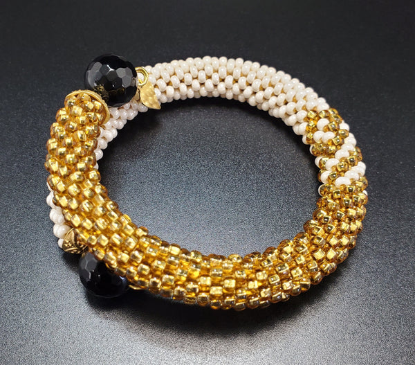 Black Onyx Beads, Cream Czech Seed Beads, Gold Czech Seed beads, Brass, Beaded Crochet Bangle