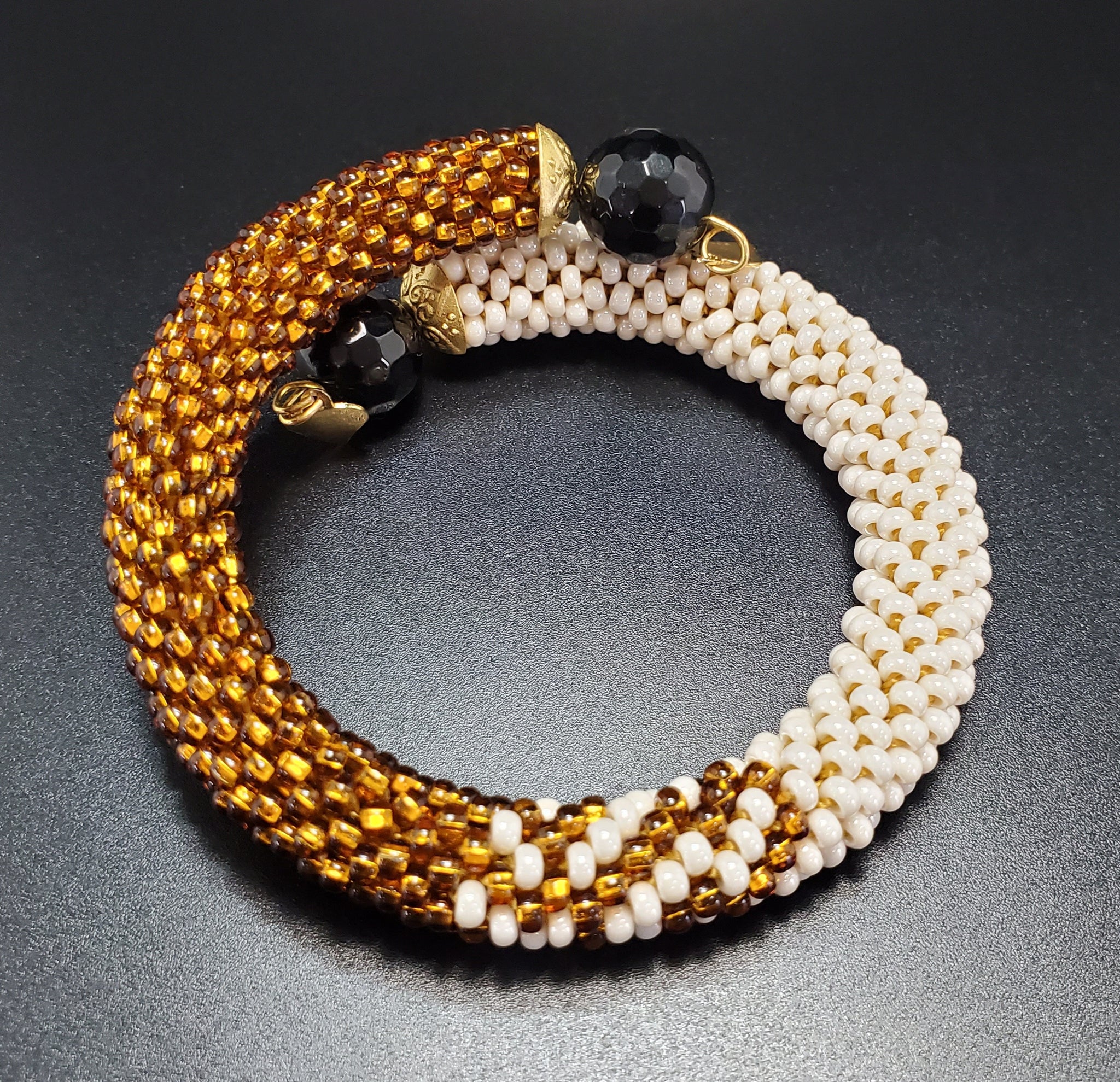 Black Onyx Beads, Cream Czech Seed Beads, Gold Topaz Czech Seed beads, Brass, Beaded Crochet Bangle